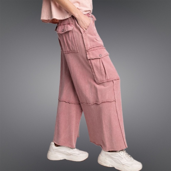 EASEL “Feeling Good Cargos” Mineral Washed Flared Leg, Raw Seams & Hems, Pockets - Picture 4 of 16